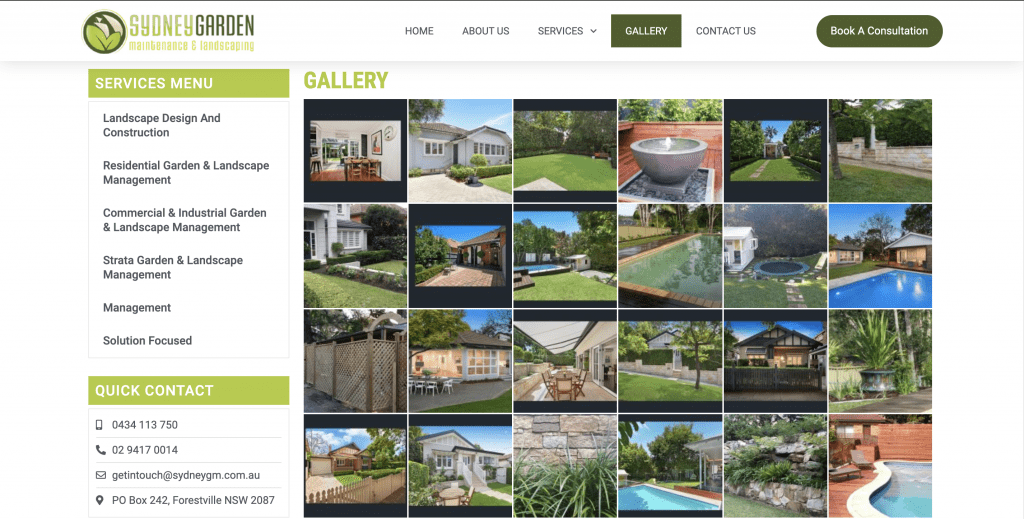 Sydney Gardening and Maintenance's landscaping website's 'Project Gallery' page that showcases photos of all the different work the company has completed