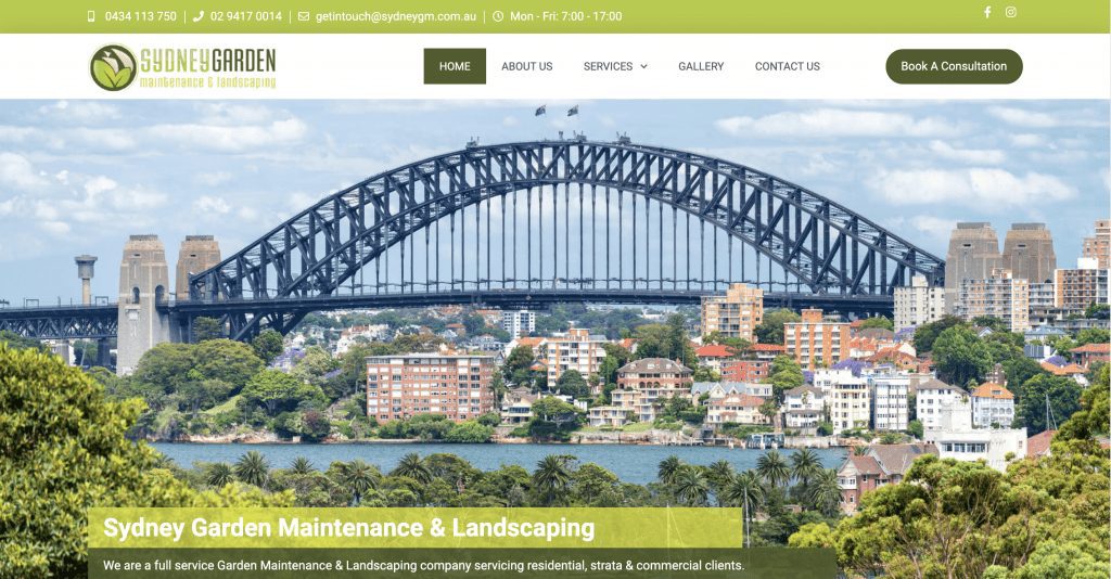 Sydney Gardening and Maintenance's landscaping website's homepage with green banners and an image of the Sydney Harbour Bridge