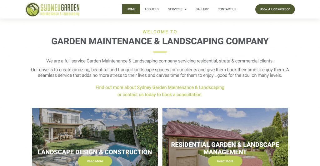 Halfway down Sydney Gardening and Maintenance's landscaping website's homepage with an introduction to the company and what landscaping services they offer