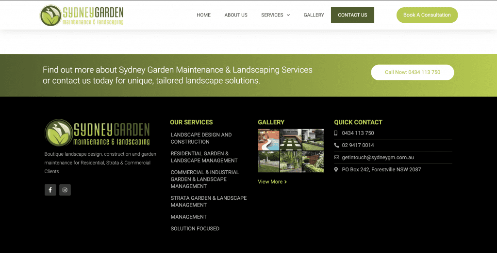 The footer of Sydney Gardening and Maintenance's website that shows all the websites pages as well as contact information for the company