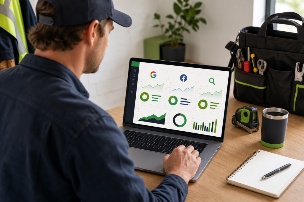 Australian tradie reviewing a digital marketing dashboard showing leads from Google Ads, SEO, and Facebook Ads feeding into a CRM system