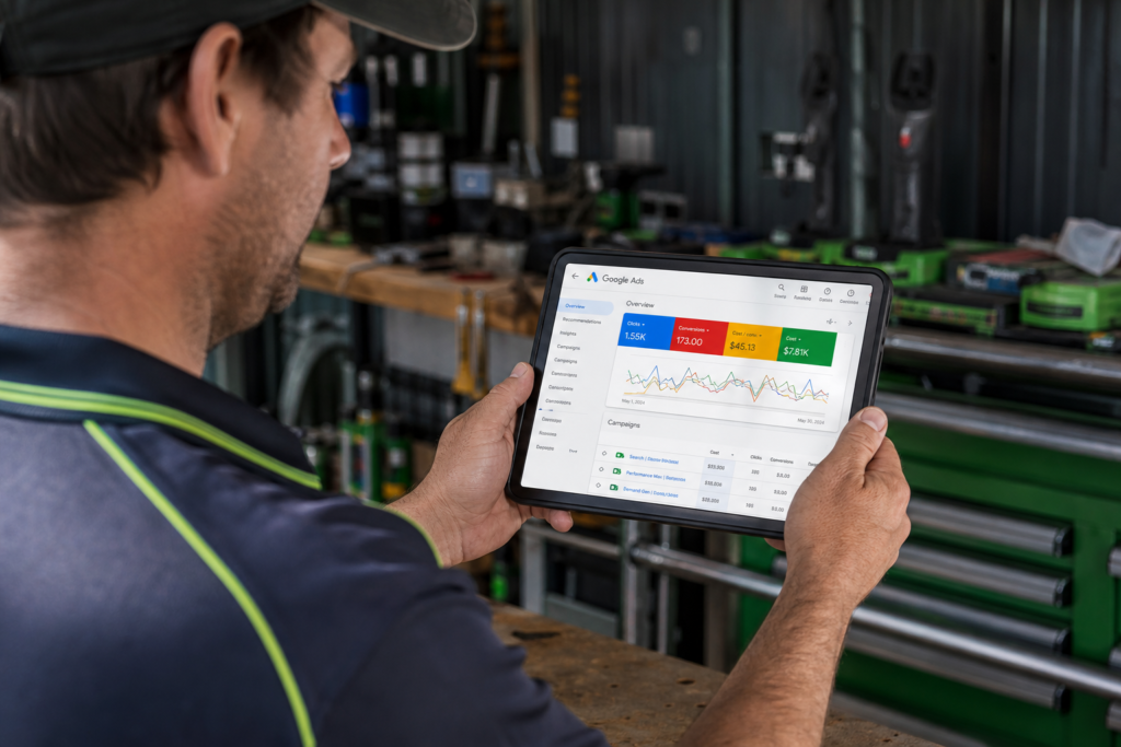 Australian tradie checking Google Ads results on a tablet — Google search showing paid ads for trade services