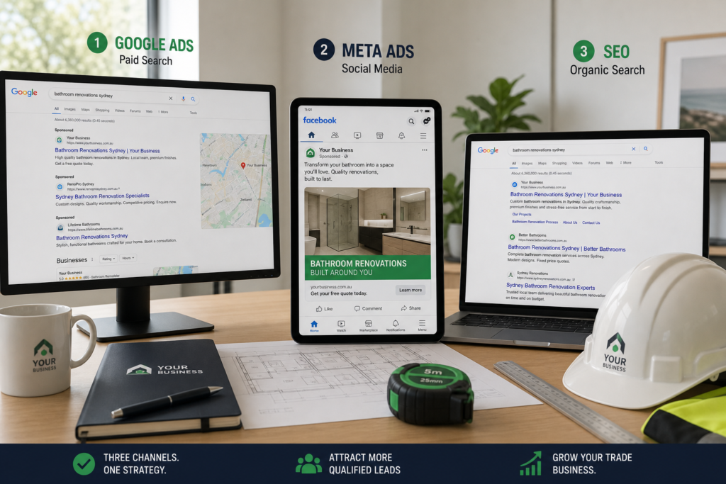 Marketing channel comparison showing Google search, Facebook ads and SEO results on screens at a trade business desk