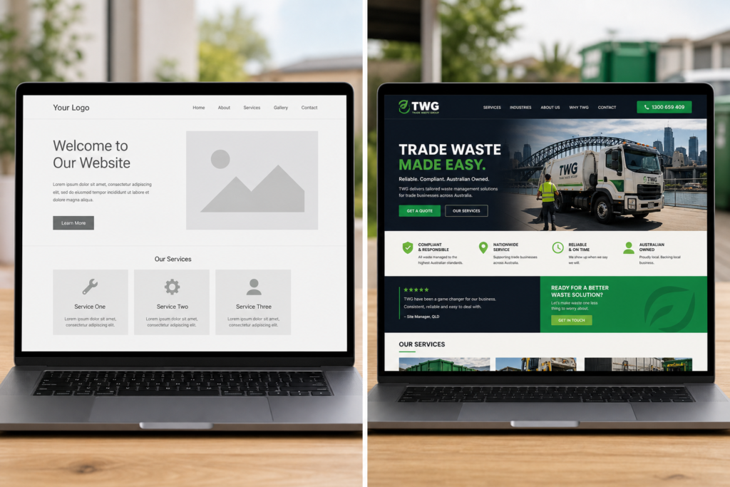 Comparison of a generic AI-built website versus a professional custom tradie website on a laptop screen