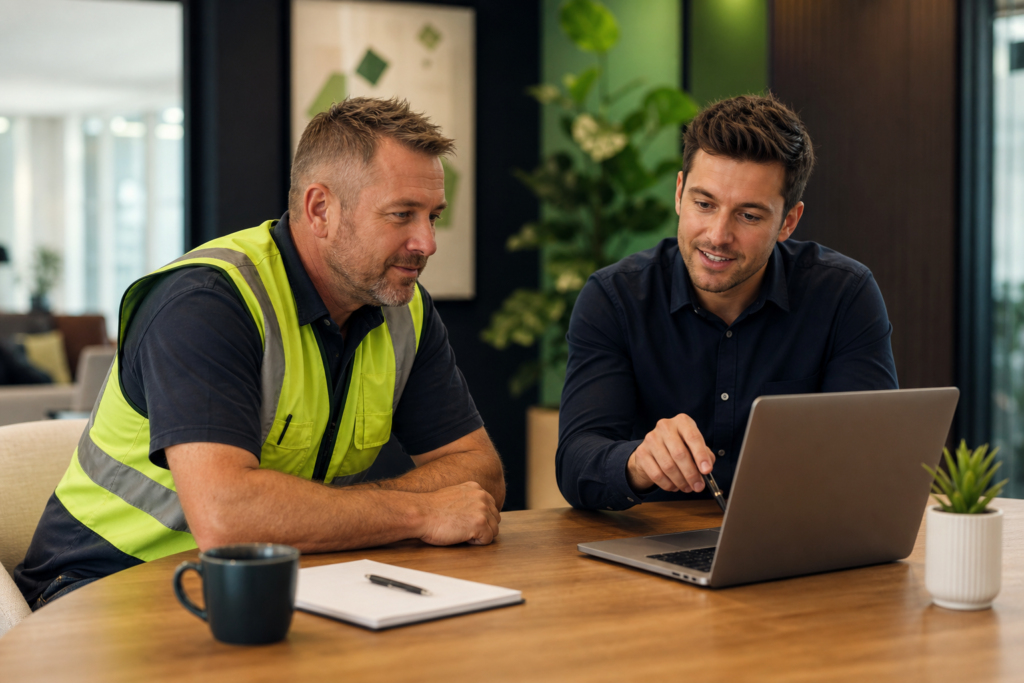 Trade business owner reviewing marketing strategy with agency consultant in a working session