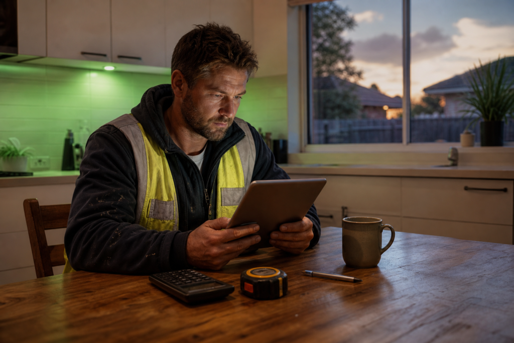 Australian tradie in hi-vis vest reviewing a job quote on a tablet at his kitchen table with calculator, measuring tape and coffee - how to quote jobs as a tradie