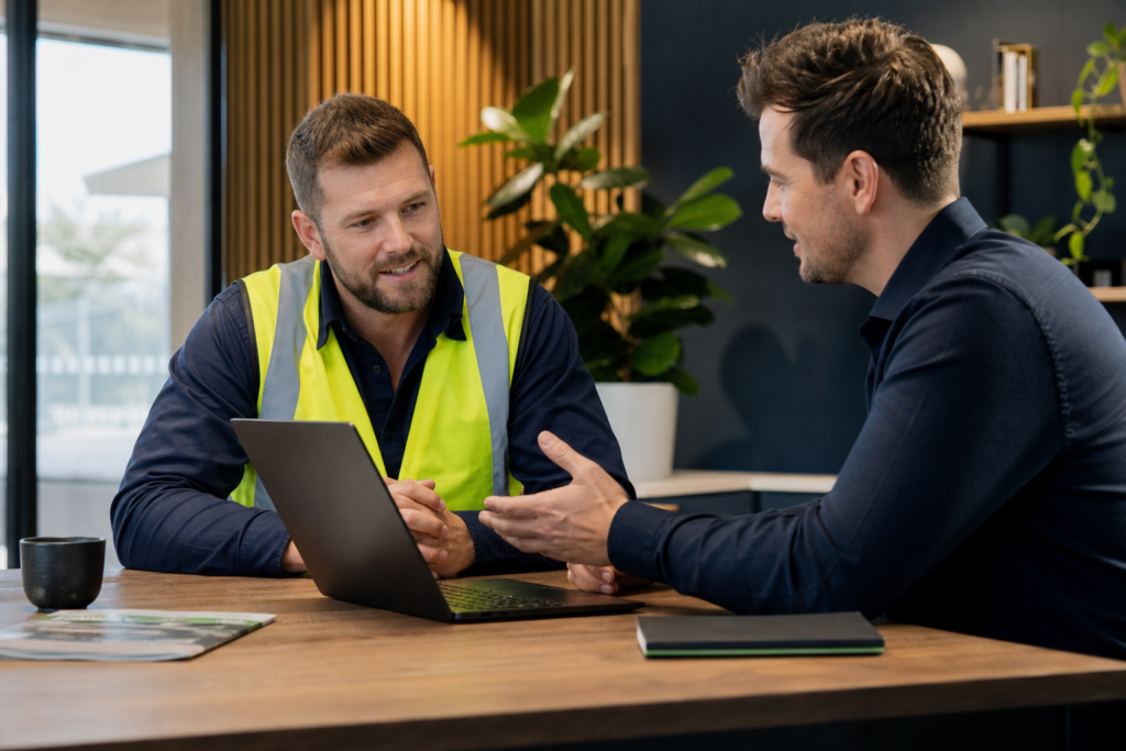 Australian plumber on a job site managing leads on a mobile phone with a CRM system