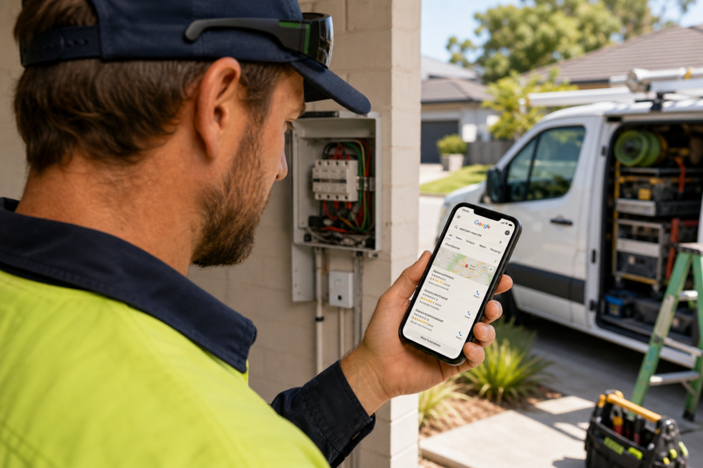 Australian tradie checking Google search rankings on mobile at a job site