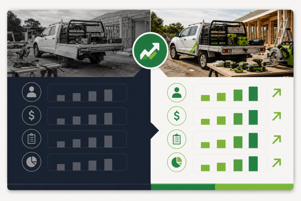Tradie Web Guys case study results comparing two roofing businesses — 0 revenue vs $449,000 revenue from the same ad spend