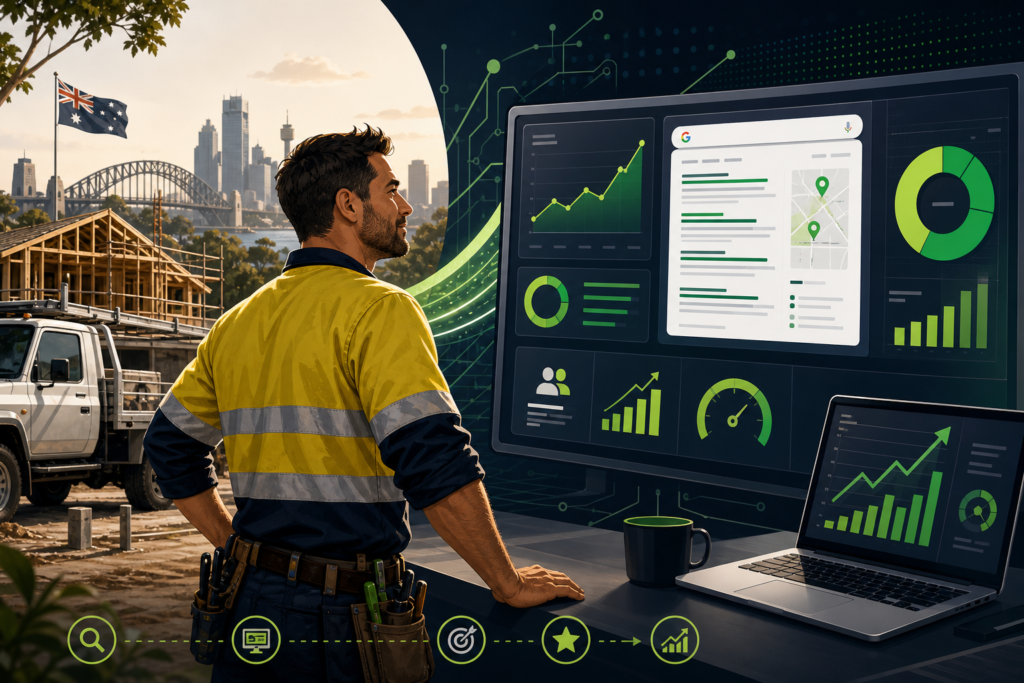 Tradie Web Guys - Australia's specialist digital marketing agency for trade businesses - tradie in hi-vis reviewing digital marketing analytics dashboard showing Google search results, website traffic growth, and lead generation metrics with Sydney Harbour Bridge in the background