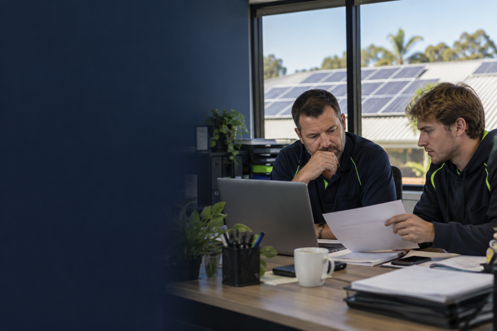 Two Australian solar business team members reviewing incoming enquiries and their sales process at a desk.
